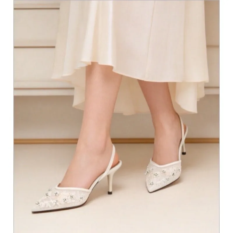 2026 Spring/Summer New Beaded Embroidered Mesh Pointed Heels with Exposed Heels, Sexy Thin Heels, Headless Sandals for Women view 5