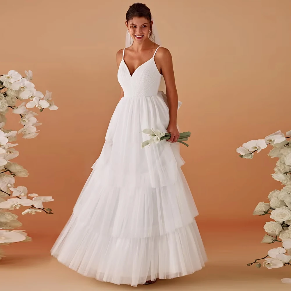 

BAZIIINGAAA Romantic Tulle Layered Wedding Spaghetti Straps Dresses Wedding Dresse