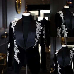 Luxury Wedding Men Suits Tuxedos High Quality Applique Beads Peaked Lapel Customized 2 Pieces Groom Blazer Black Pants Business