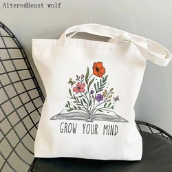 Bolsa de compras mulher crescer sua mente wildflower motivação inspirador saco harajuku lona shopper saco menina tote bolsa de ombro senhora