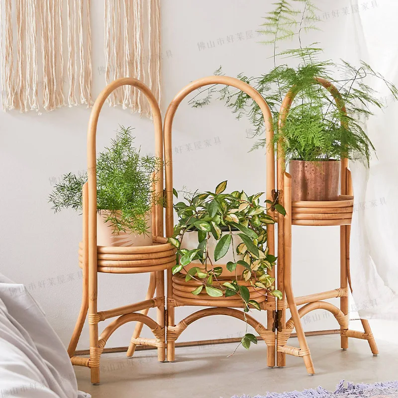 Rattan flower stand handmade natural Indonesian rattan folding shelf simple homestay double-layer storage rack Japanese style