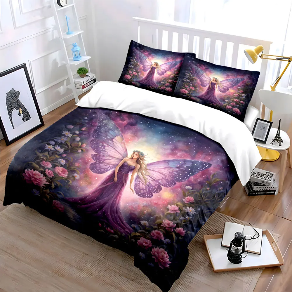 Dreamy Purple Fairy with Wings Print Bedding Set 1 Duvet Cover 2 Pillowcases for Adult and Children Luxury Gift Full Size