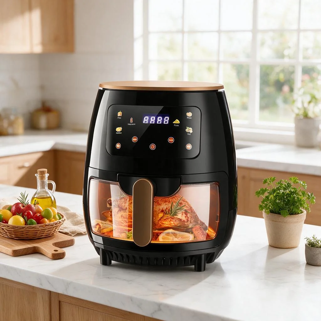 Forno friggitrice ad aria XXL 6L, friggitrice ad aria, griglia, rivestimento interno in vetro trasparente, pulsanti touch, 1400W, 60-200 ° C 6 Programmi Preimpostati Acciaio Inossidabile