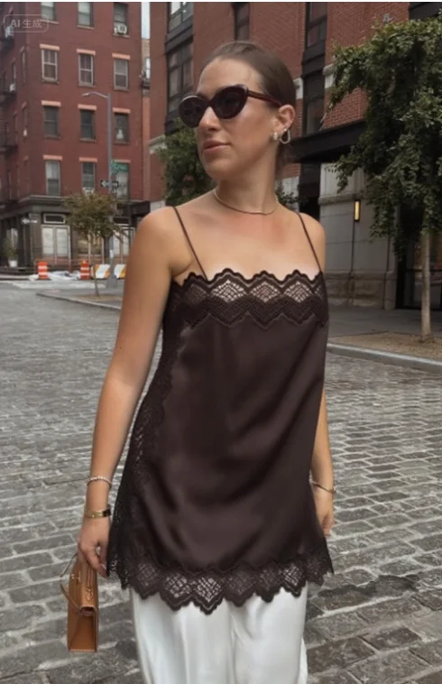 Women Lace Camisole Sleeveless Black Lace Trim Scalloped Edge Slim Fit Summer Tank Top Casual Going Out