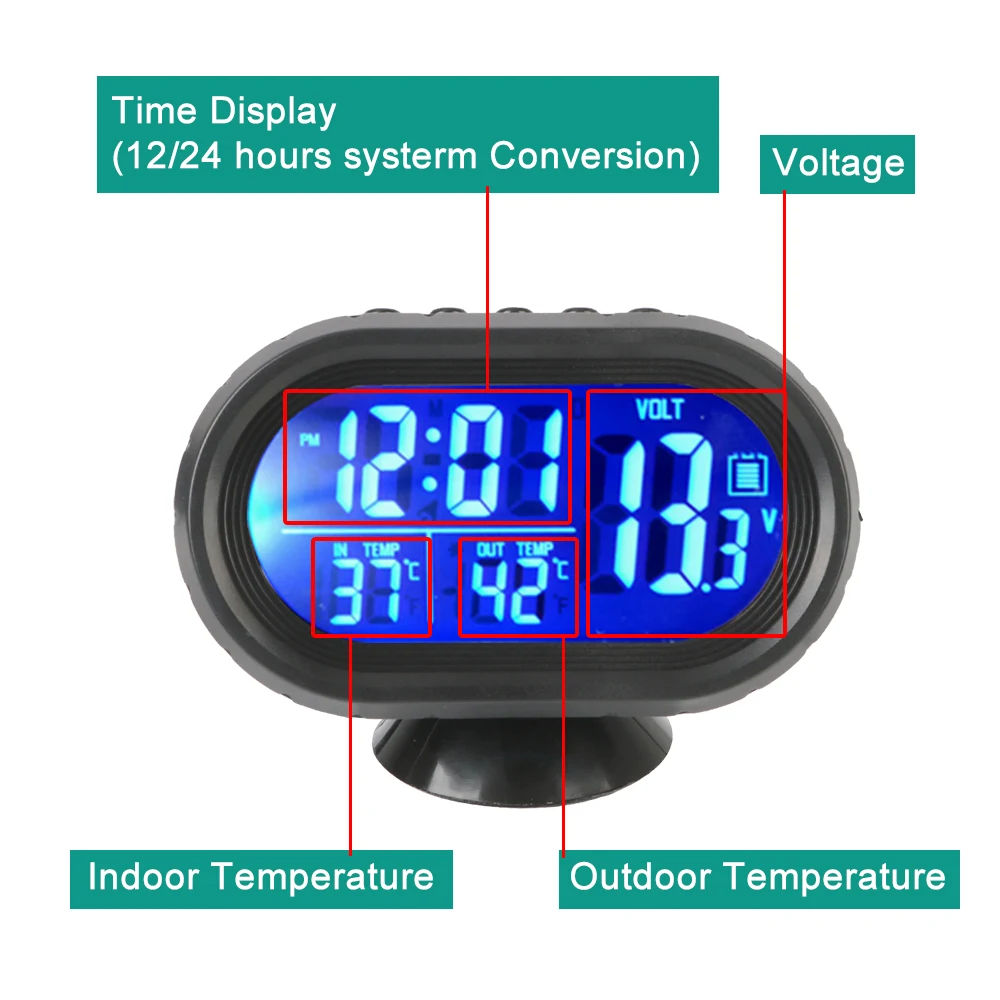 Akcesoria wewnętrzne 3 w 1 woltomierz samochodowy termometr podświetlenie LCD cyfrowy zegar nocny 12 V/24 V elektroniczny samochód