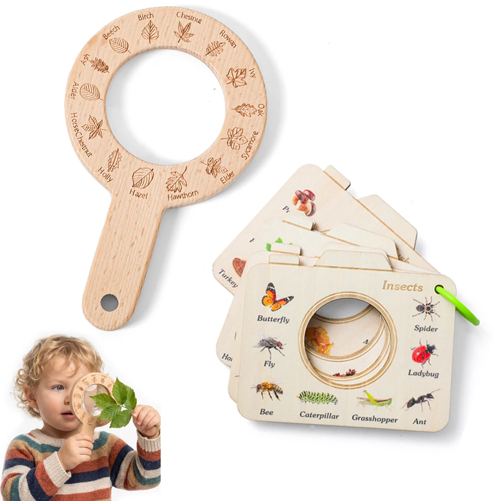 Wooden Magnifying Glass and Camera Shape Nature Book Set for Kids Outdoor Cognitive Learning 5 Themes Insects Birds Outdoor Sets