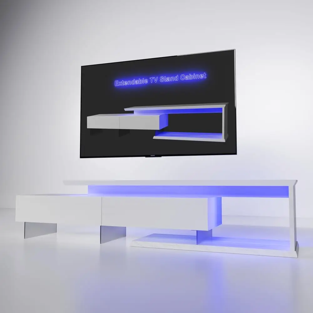 Extendable TV Stand 55-100 Inch LED Light 2 Pull-Down Doors Adjustable Width Storage Console Living Room Bedroom, Customized