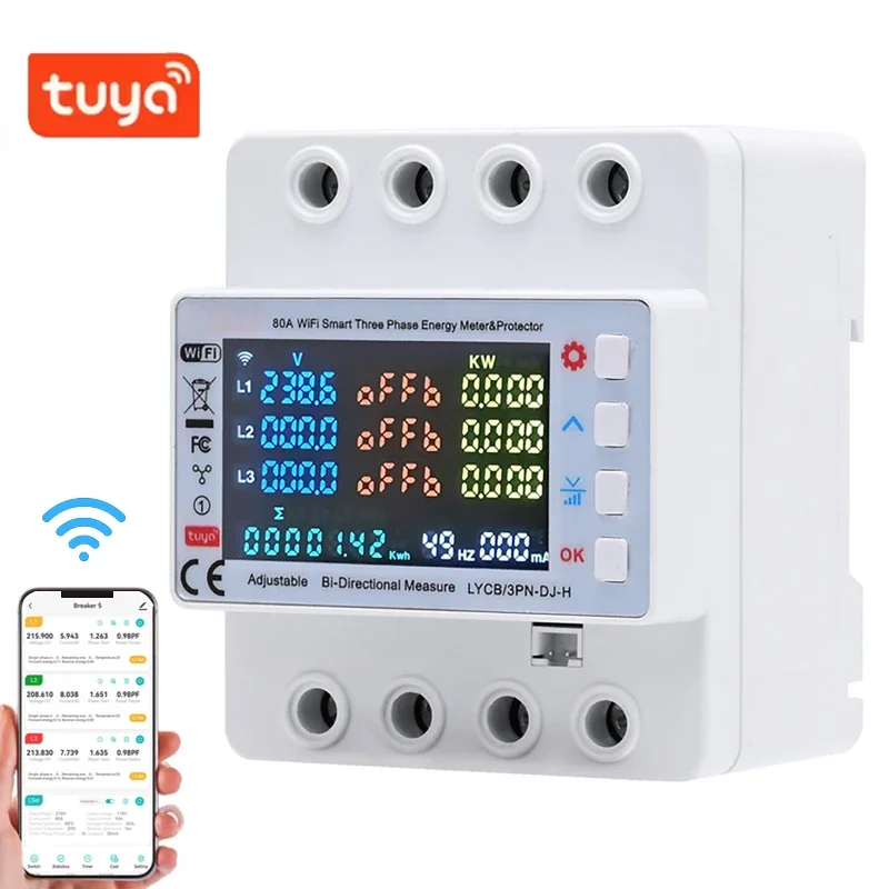 Smart Tuya WIFI Three-Phase Power Meter 80A Circuit Breaker Multiple Protection Temperature Energy AC Amp KWh Voltage Meter
