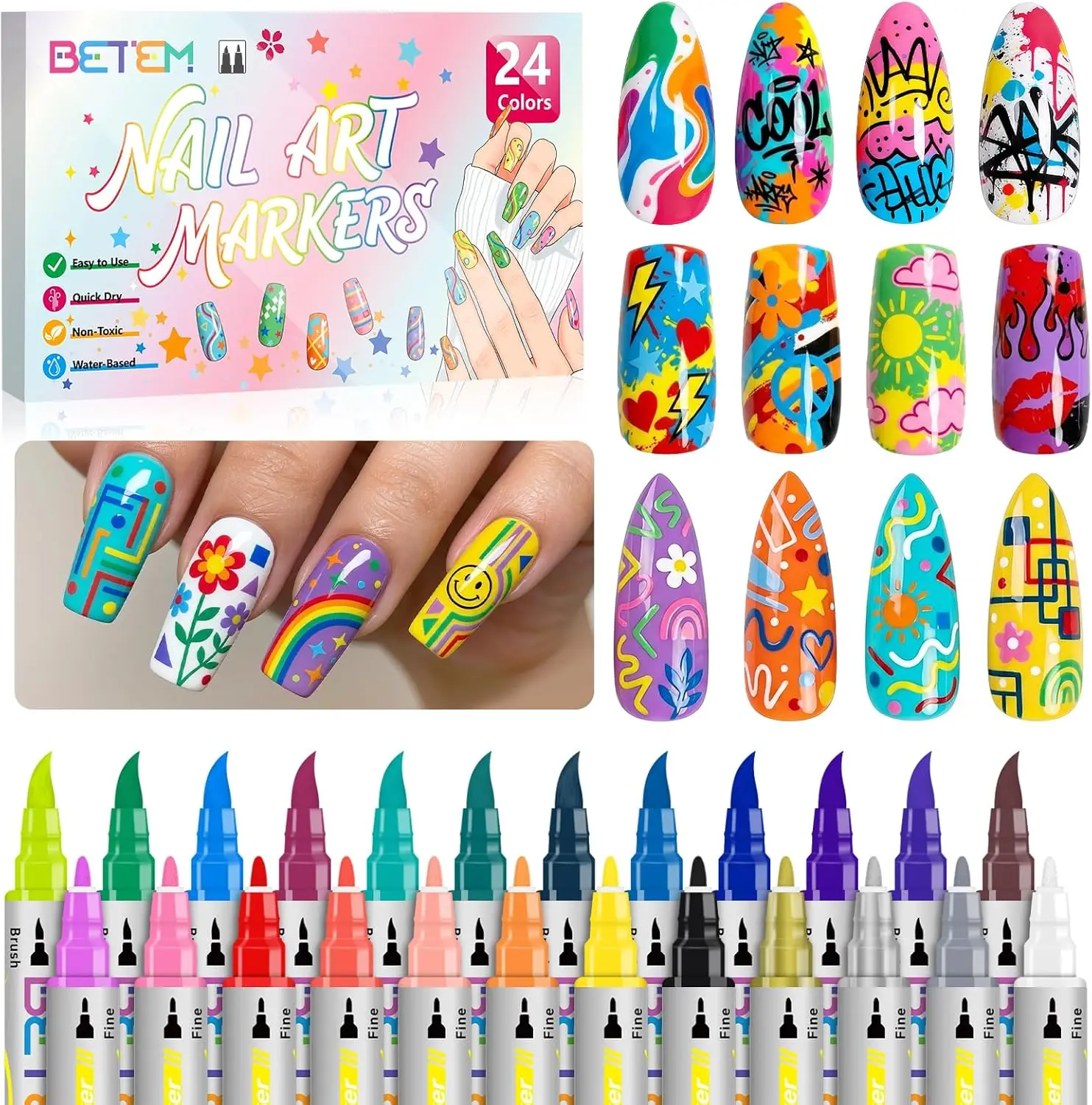 

24 Color Nail Art Pens Set, Dual Tip Quick-Dry Acrylic Nail Polish Markers for DIY Manicure