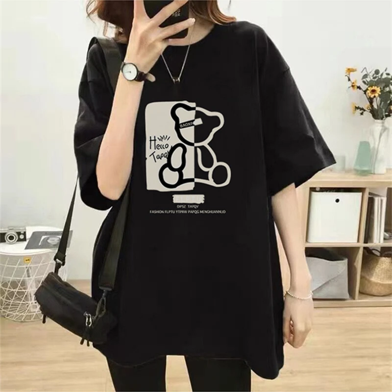 Summer T-shirt Loose O-neck Women\'s Tops Cute Bear Print Oversize Short Sleeves Tees Harajuku Girls Plus Size T-shirts M-5XL