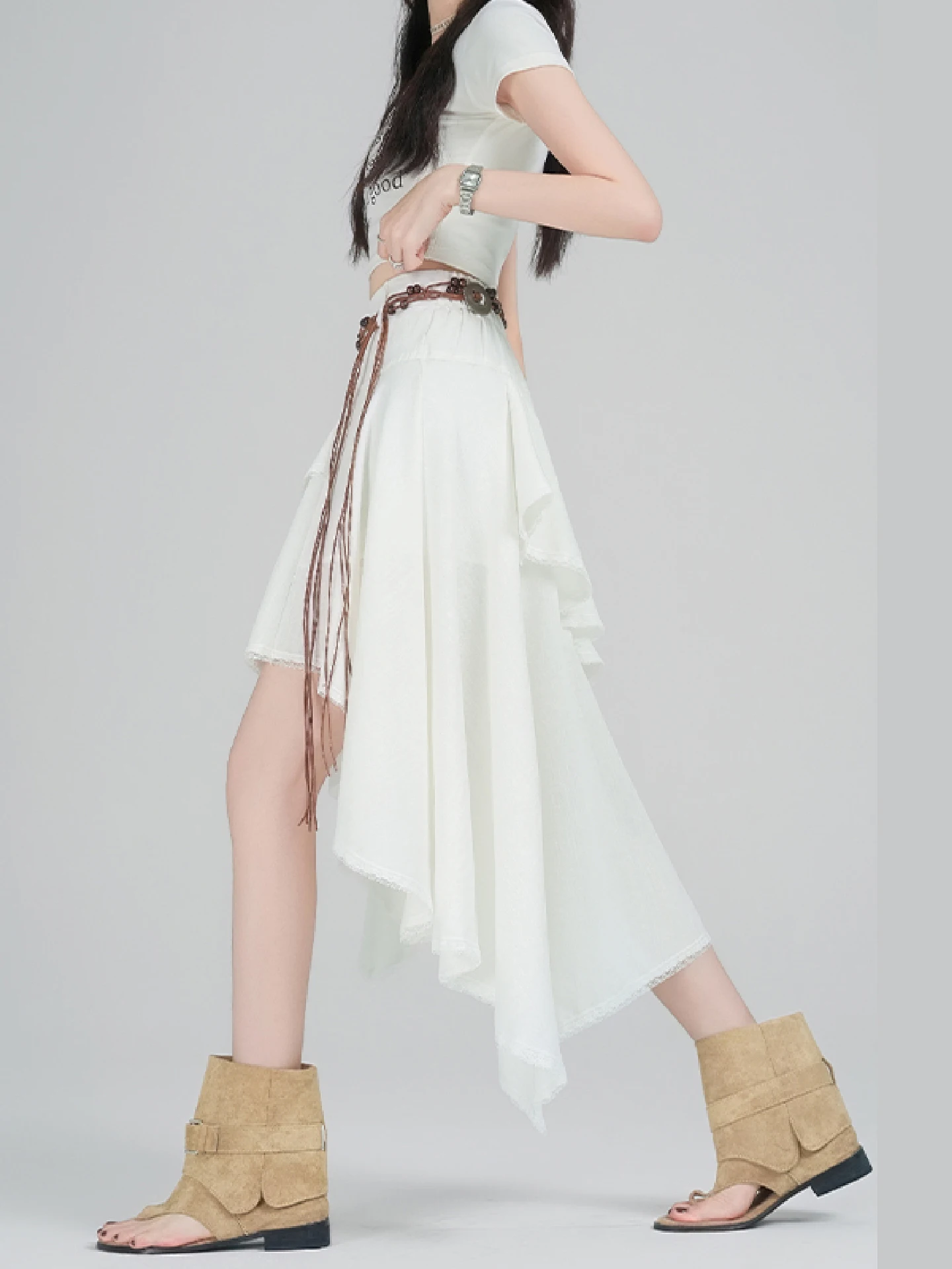 

Unique f-length Skirt with Lace Design Spring Summer Vintage Waist Belt Holiday Sle Asymmetrical Mid-length A-line Skirt...