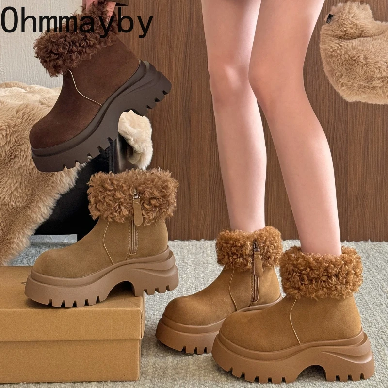 

Winter Women Fur Lining Snow Boots Concise Platform Thick Sole Shoes Ladies Comfort Warm Cotton Chunky Short Booties