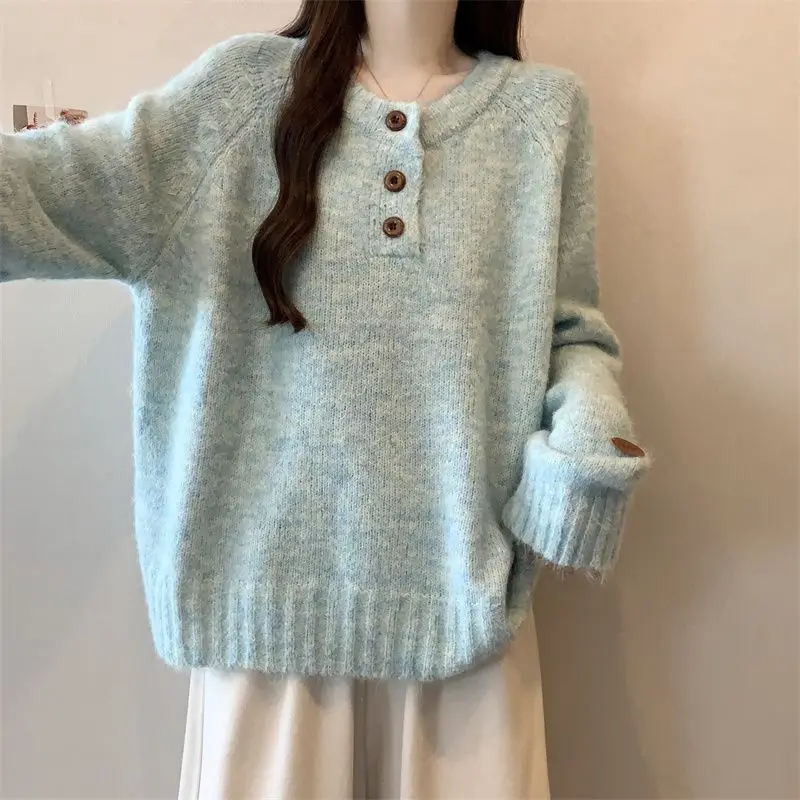 Autunno e inverno stile pigro morbido e ceroso tinta unita casual camicia con fondo allentato top maglione lavorato a maglia stile coreano