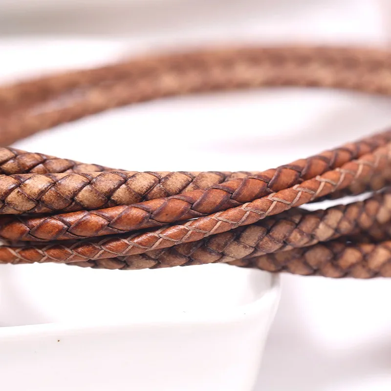 Cuerda de cuero hecha a mano DIY de 1/2/3 metros, cuerda de cuero de vaca redonda trenzada antigua, cordones de cuero genuino tejidos hechos a mano de 3/4/5/6mm