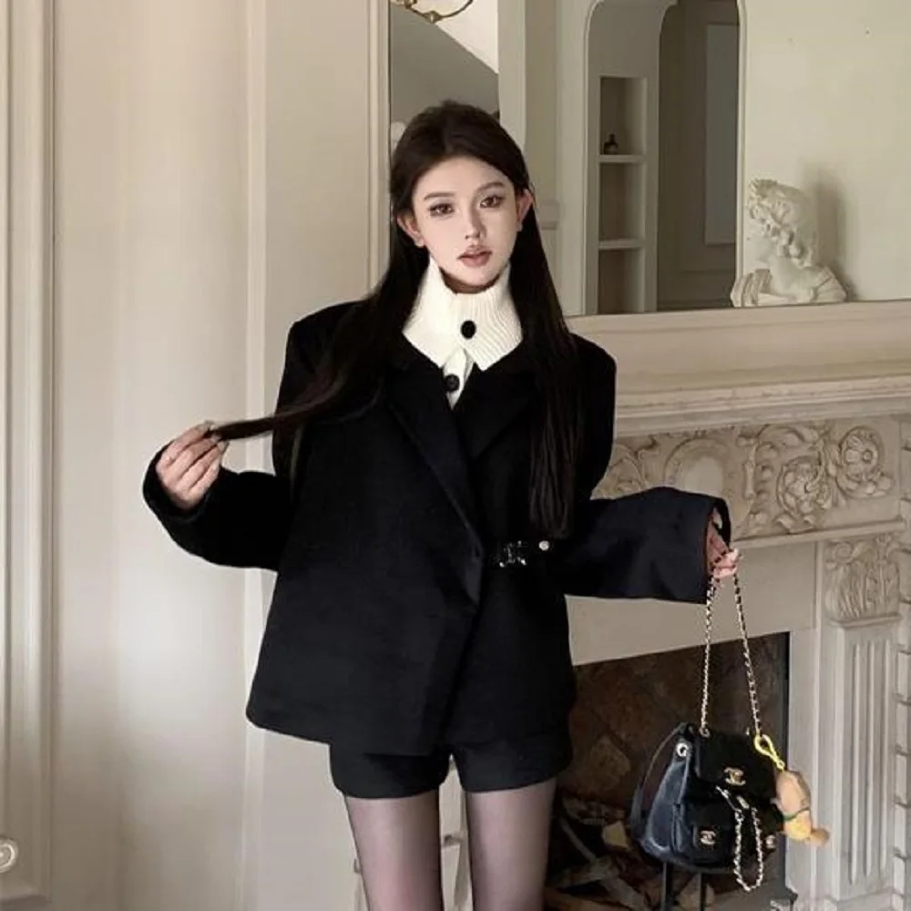 

Two-Piece Set Women Autumn Winter New Black Thickened Woolen Long-Sleeved Suit Jacket High-Waisted Shorts Slim Design Suit