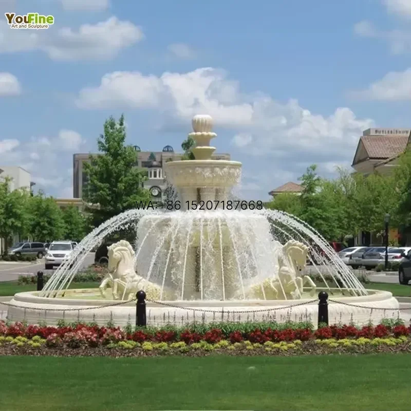 Wmwmnu Classic White Stone Marble Fountain with Horse Sculptures Large Outdoor Water Feature for Hotel Garden Plaza Landscape