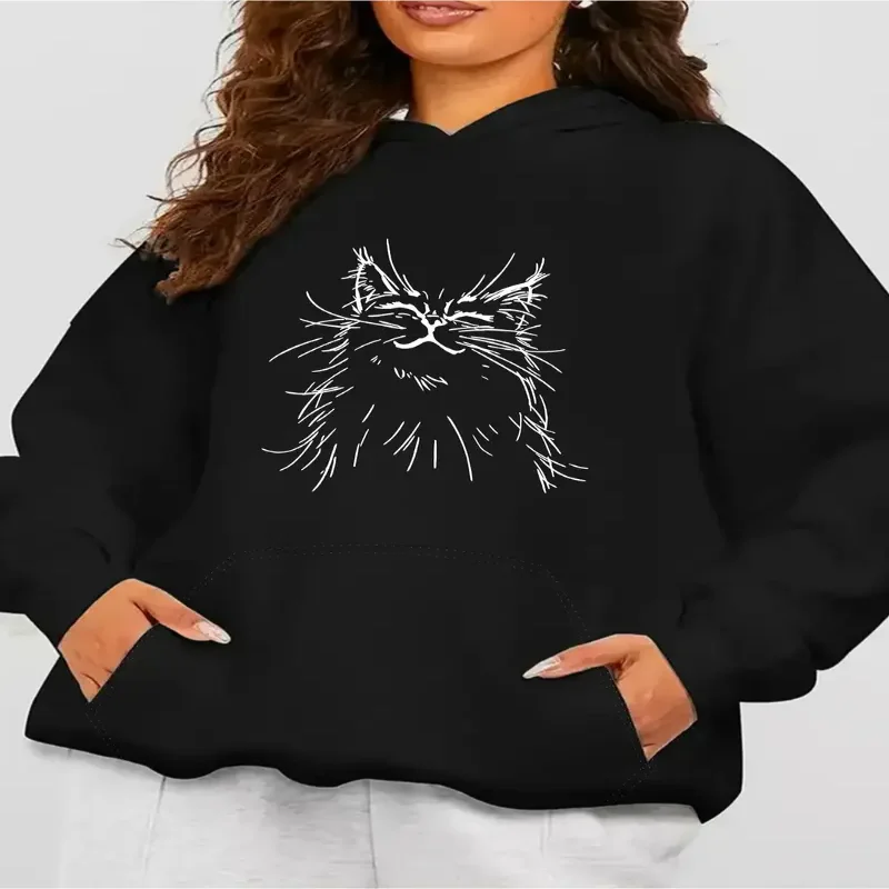

Womens Minimalist Cat Face Hooded Sweatshirt Graphic Pullover Kangaroo Pocket Soft Autumn Winter Hoodie Casual Daily Wear