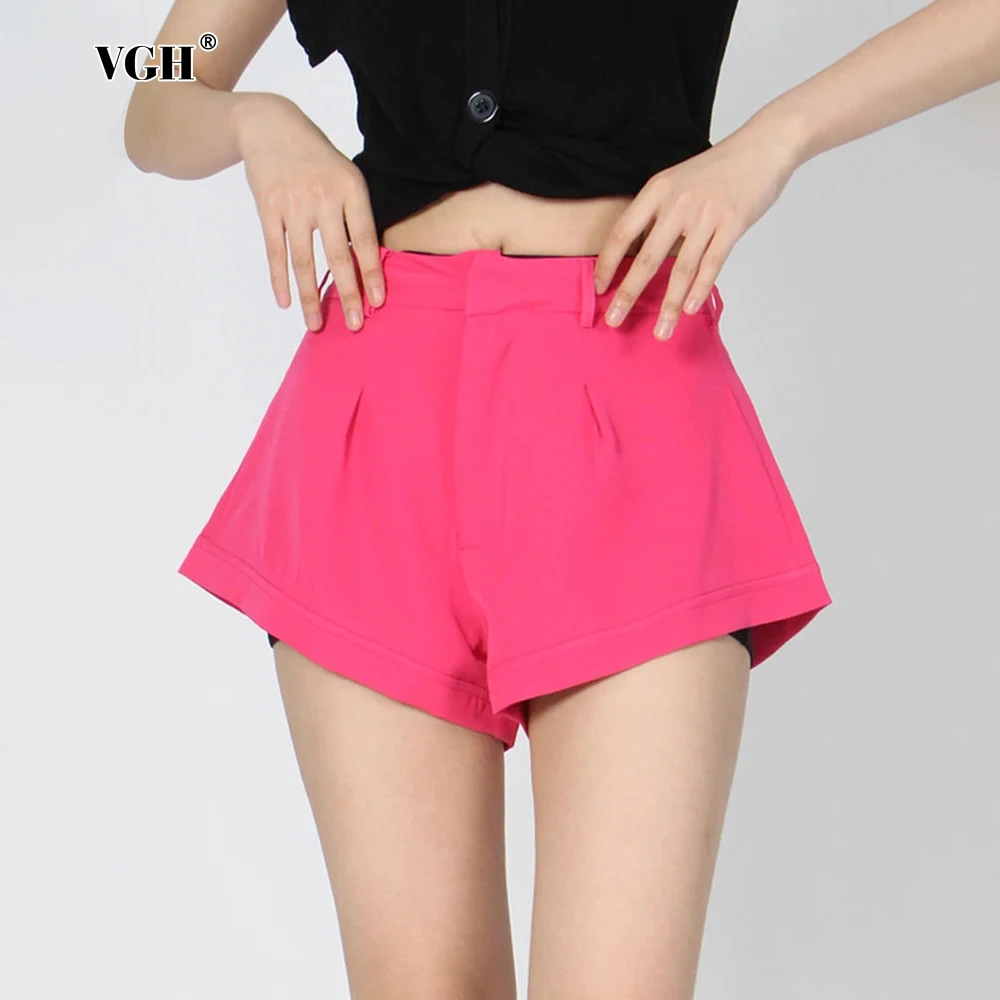 

VGH Solid Minimalist Rose Shorts For Women High Waist Patchwork Button Loose Temperament Casual Short Trousers Female Summer New