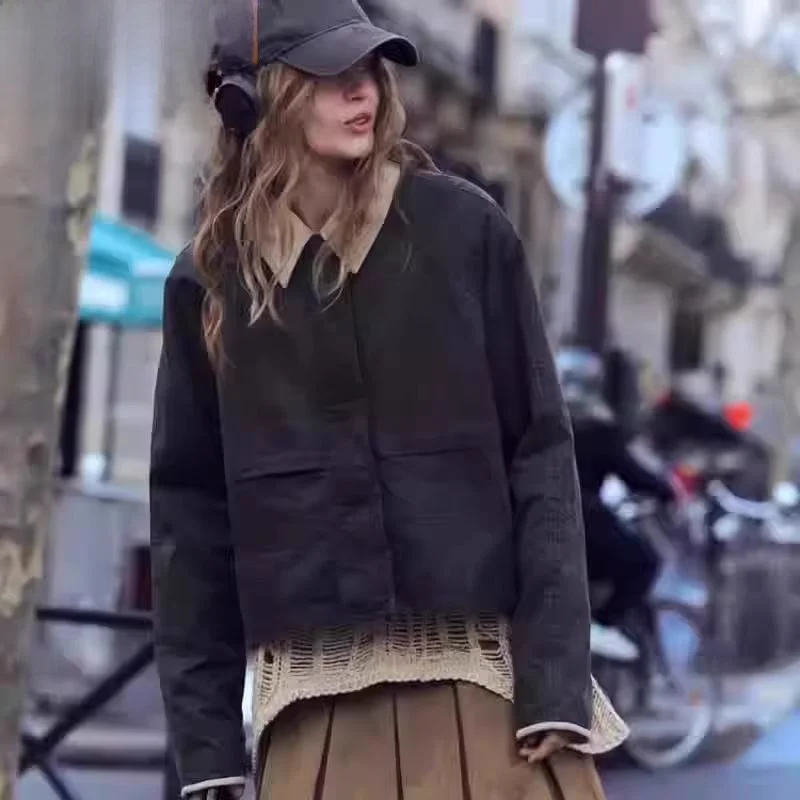

Spring 2024 Women's Wax Jaet Coat Collar Slimming Ele Sle Long Sve Regular Length Loose Fit Faion Ladies Outerwear