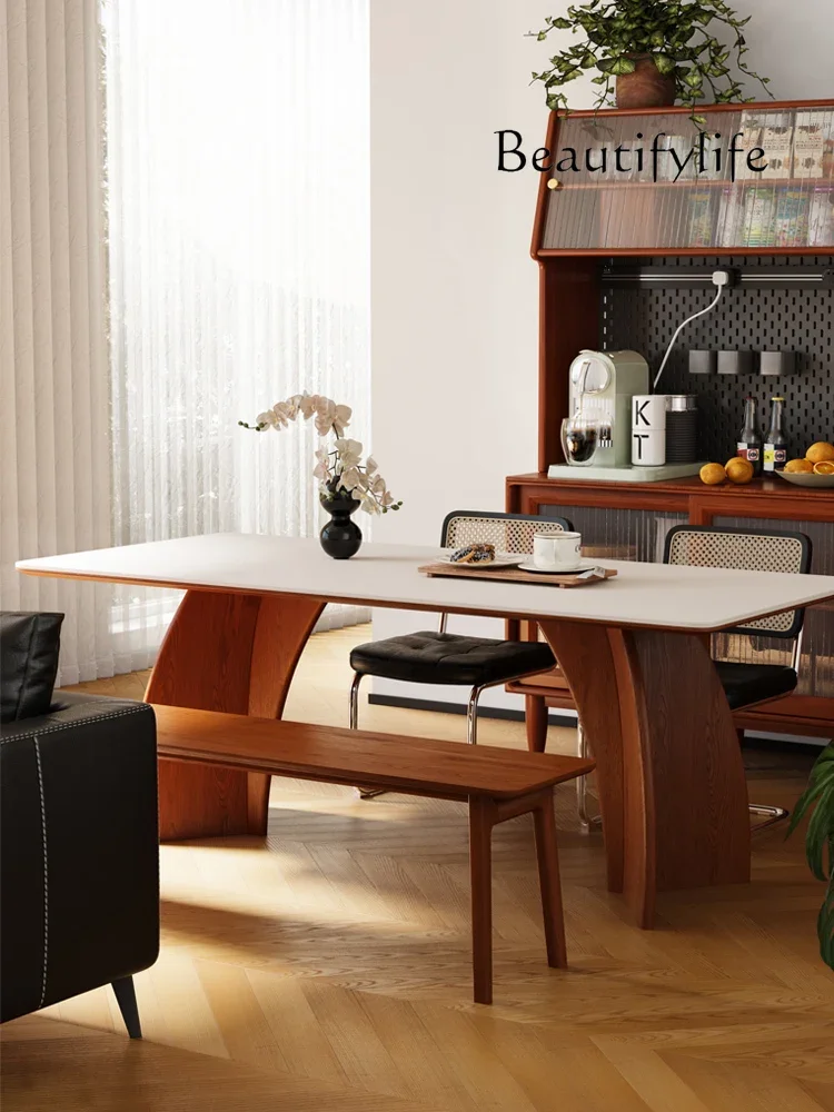 N45 French retro style light luxury solid wood rock slab dining table for home use modern simple small apartment dining table