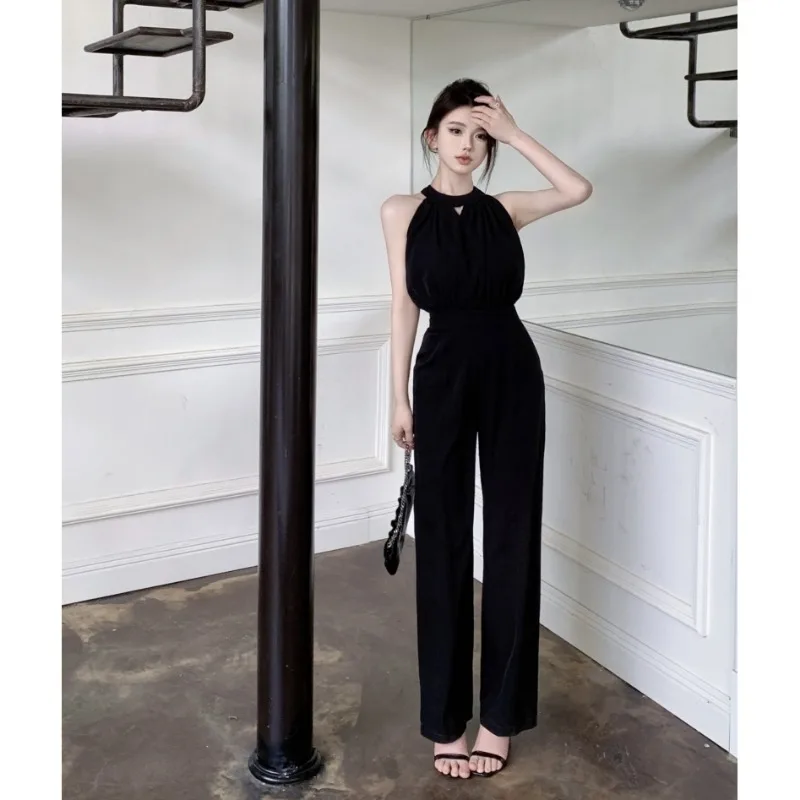 French Temperament Hanging Neck Jumpsuit Women Fashion Hollow Out Shirring Off Shoulder Gentle Solid Korean Slim Spring Chic Set