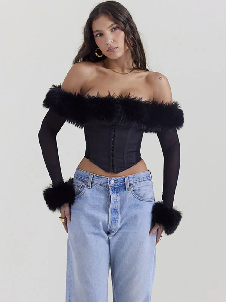 

Fantoye зимние нерегулярные сексуальные женские укороченные топы с меховым воротником и открытыми плечами, сетчатые топы с длинными рукавами и металлическими пуговицами, элегантная вечерние клубная одежда