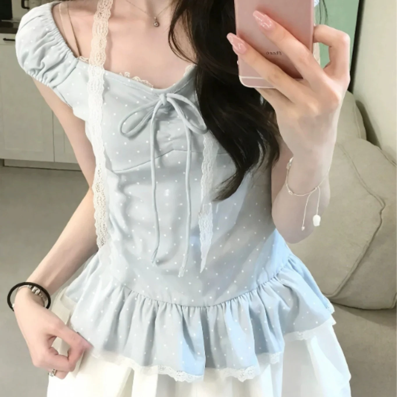 Sweet Lace Polka Dot Short Sleeve T-Shirt Women's Summer Chic Atmosphere Slimming Waist Design Versatile Top Korean Style