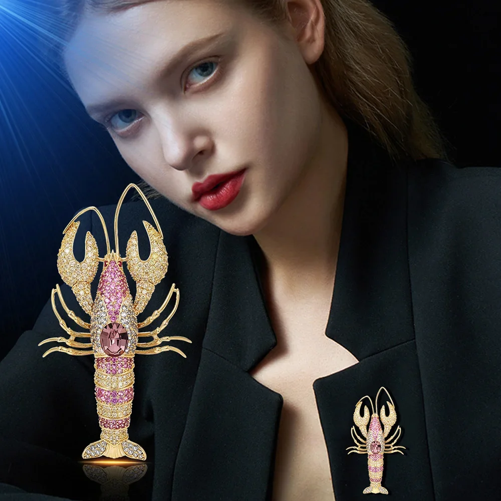 Vintage Rhinestone Shrimp Brooch Women Sparkling Animal Insect Crayfish Badge Casual Party Banquet Brooches Lapel Pins Gifts