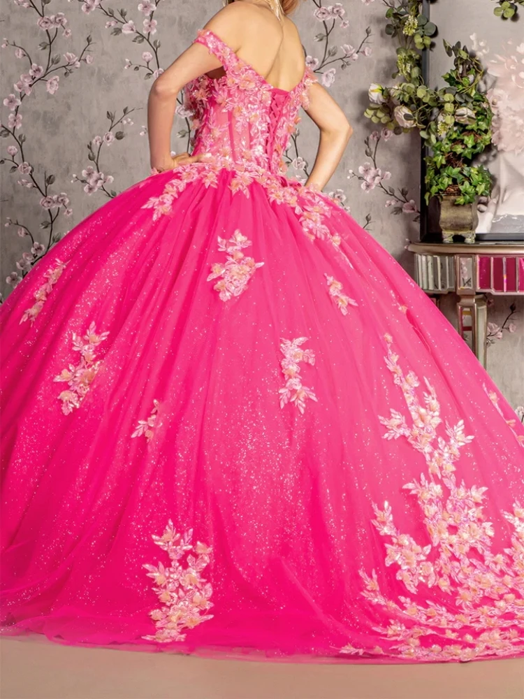 Customized Fuchsia Ball Gown Prom Dress Off Shoulder Floral Lace Up Puffy Vestsido De xv Anos Birthday Party Quinceanera 15