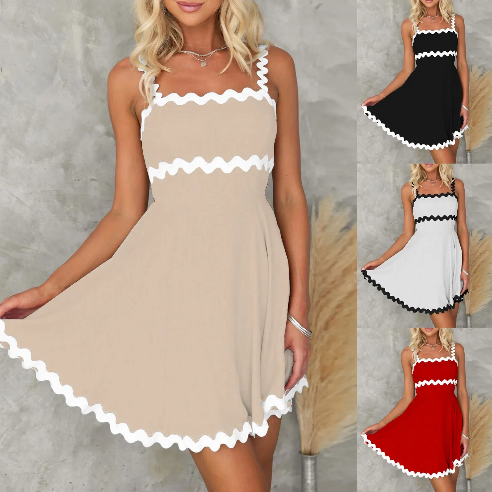 2024 Summer Fresh And Sweet Solid Color Sexy Suspender Short Dress summer holiday black vest skirt beach trend sundress