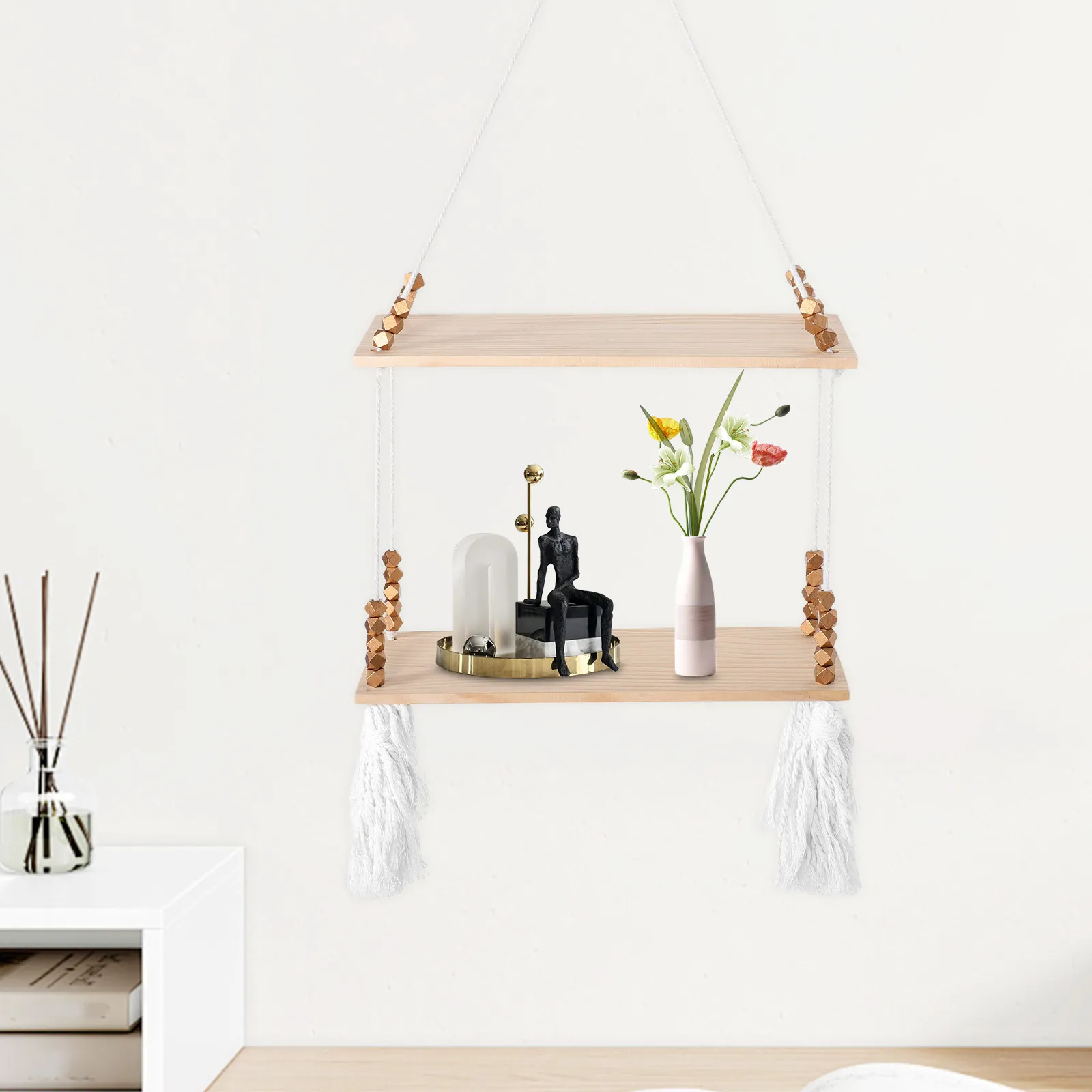 Macrame Boho Wall Hanging Shelf Natural Wood Floating Plant Shelf for Living Room Bedroom Bathroom Decor Tassel Design Aesthetic