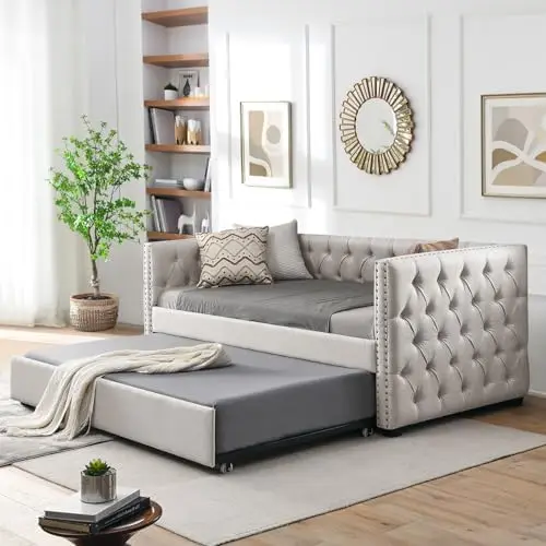 Daybed with Trundle, Upgraded Linen Upholstered Twin Size Day Bed Button-Tufted Sofa Daybed Frame with A Trundle,No Box