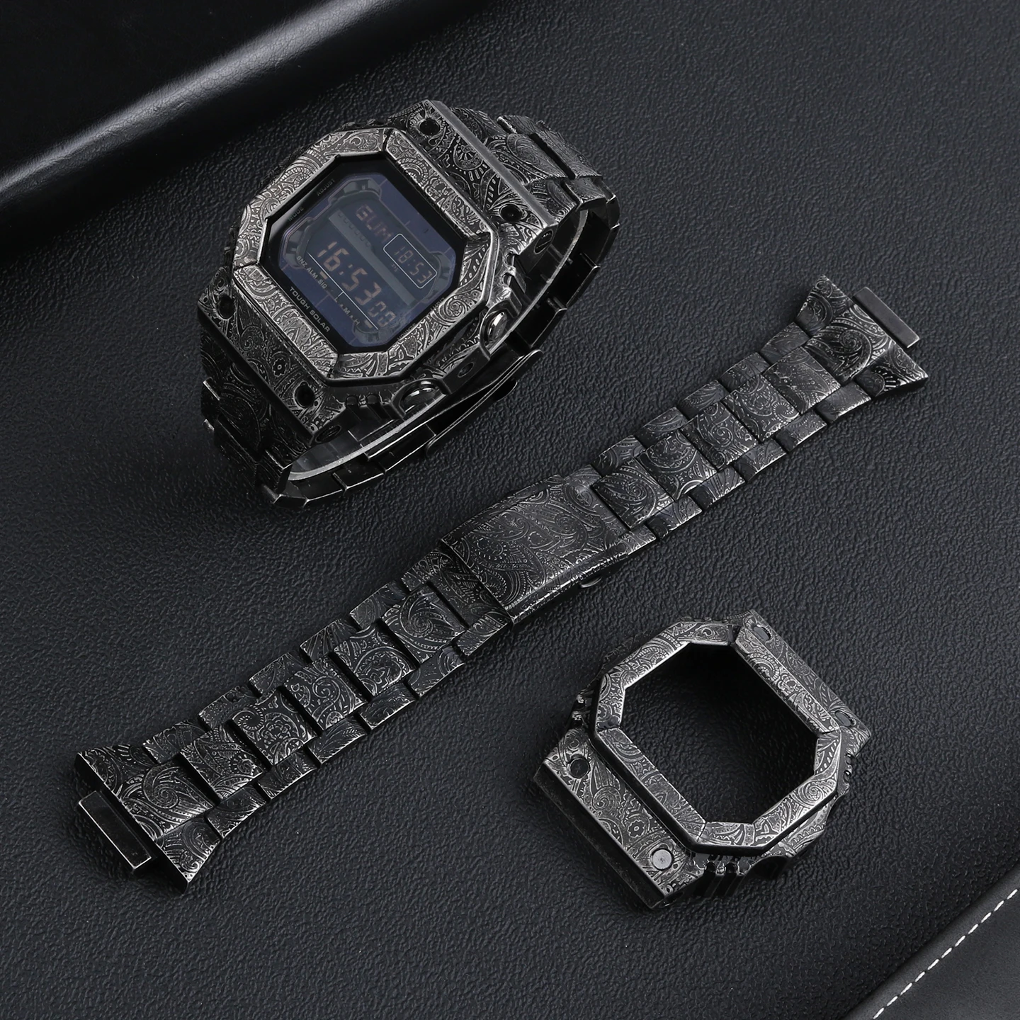 G-Refit GX56 حزام (استيك) ساعة/حافظة GXW56 حزام معدني 304L الفولاذ المقاوم للصدأ نمط بيزلي + أدوات ل G-SHOCK كاسيو GWX56BB #5