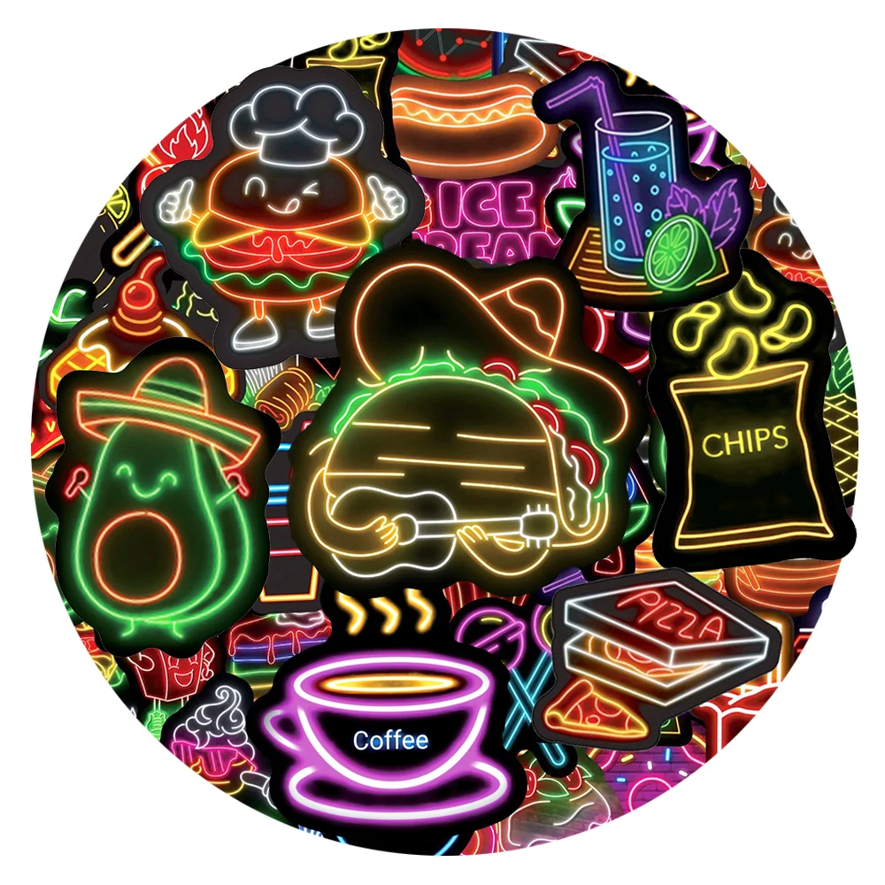 

10/30/50pcs Creative Neon Food Graffiti Stickers Cute Cartoon Decals Decoration DIY Fridge Phone Water Bottle Sticker Wholesale