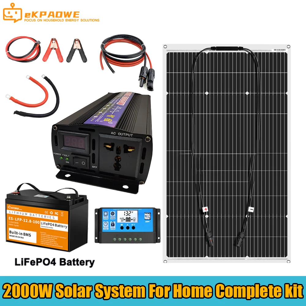 

2000W Solar Panel Power Generator System For Home Kit 220V Inverter 30A Controller Battery USB Charger 12v 100Ah Lifepo4 Battery