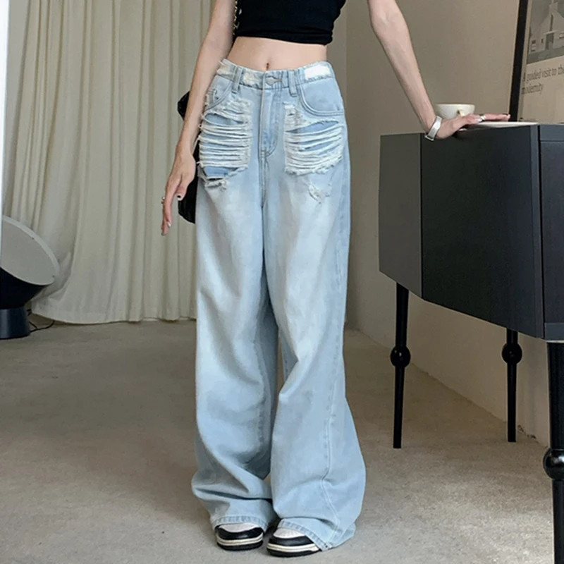 

Casual Baggy Jeans for Women High Waist Straight Wide Leg Washed Denim Pants Light Blue Pocket Zipper-Fly Hollow Out Trousers