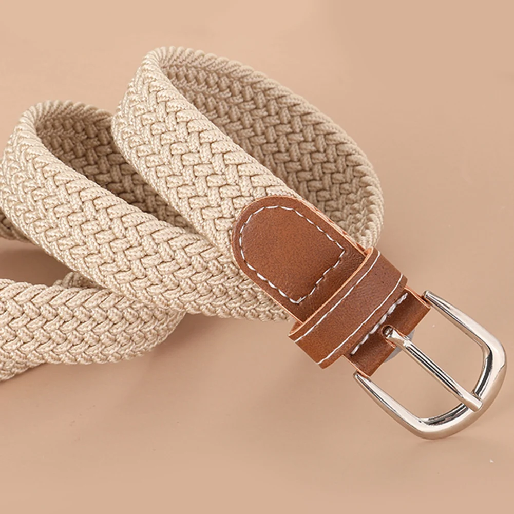 High Quality Women Men Knitted Silver Pin Buckle Belt Woven Canvas Elastic Braided Stretch Belts Solid Color Plain Webbing Strap