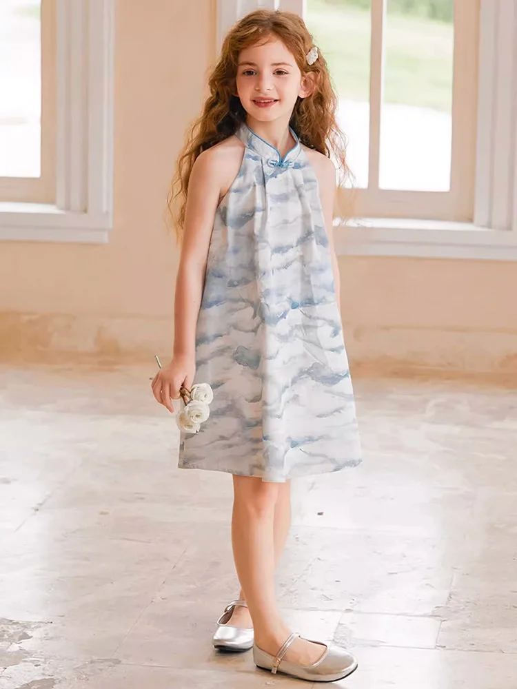 Baby Girls Dresses 100% Cotton Chinese Style Cheongsam Summer Vest Chi-pao Dress Simple Daily Kids Wear 110cm 170cm Light Blue