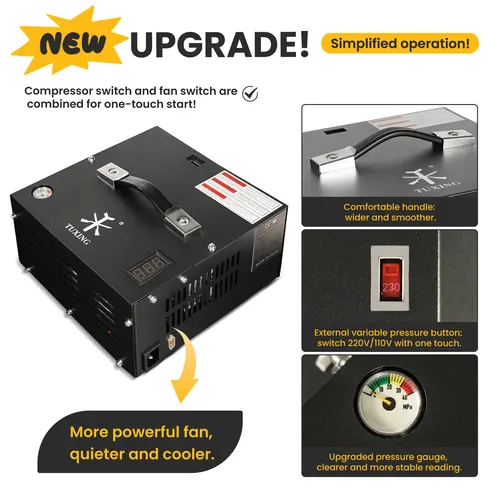 Compresor de aire PCP TUXING 4500Psi con transformador incorporado, compresor eléctrico de alta presión de 110 V/220 V, voltaje ajustable para pistola de aire comprimido
