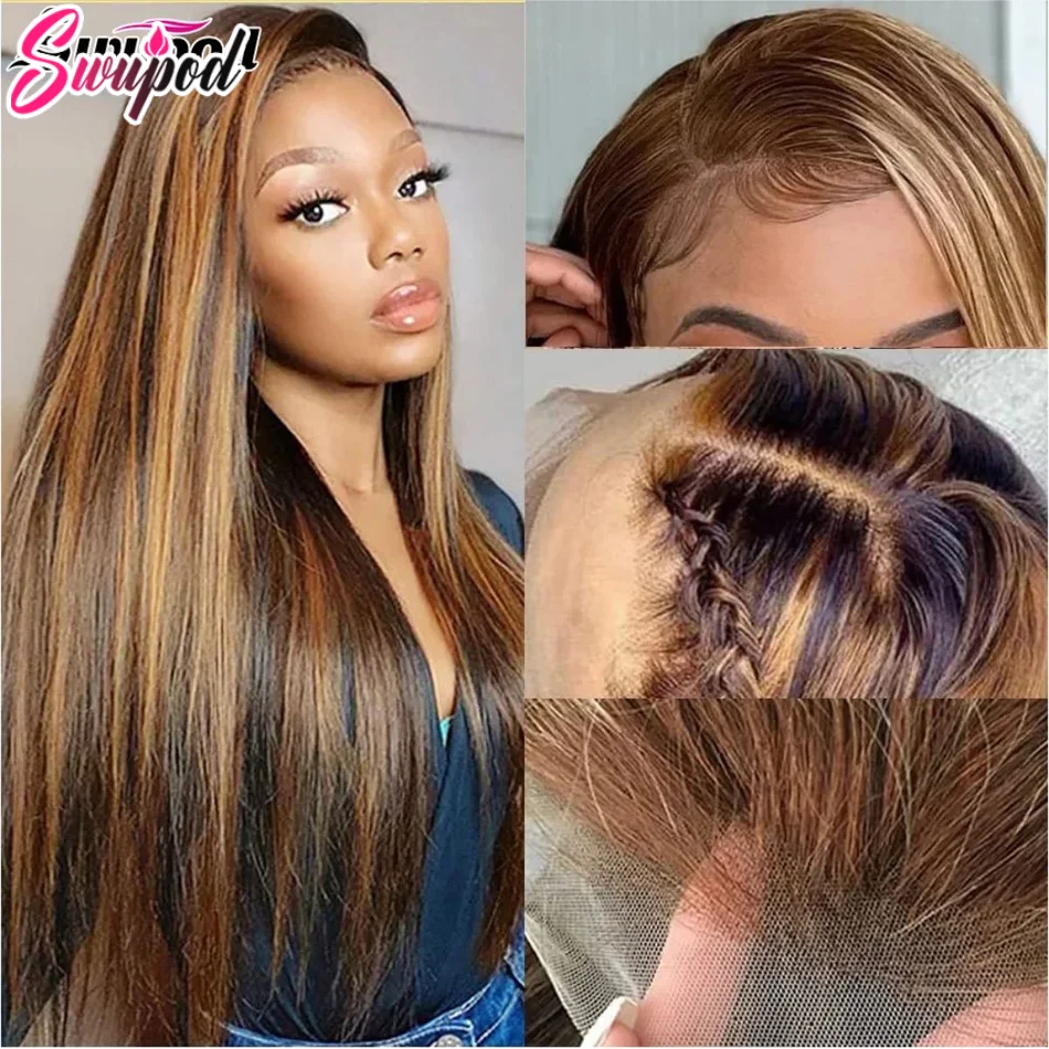 Swupod 13x4 HD Lace Front Wig for Black Women Straight Remy Human Hair Ombre P4/27 Piano Highlight Color Glueless