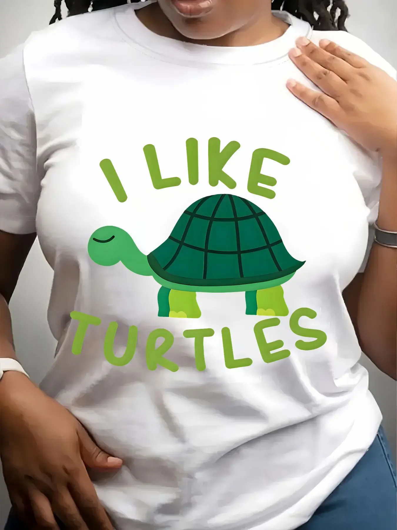 Women's Trendy Crew Neck T-Shirt I Like Turtles Graphic Print Suitable for Casual Sportswear