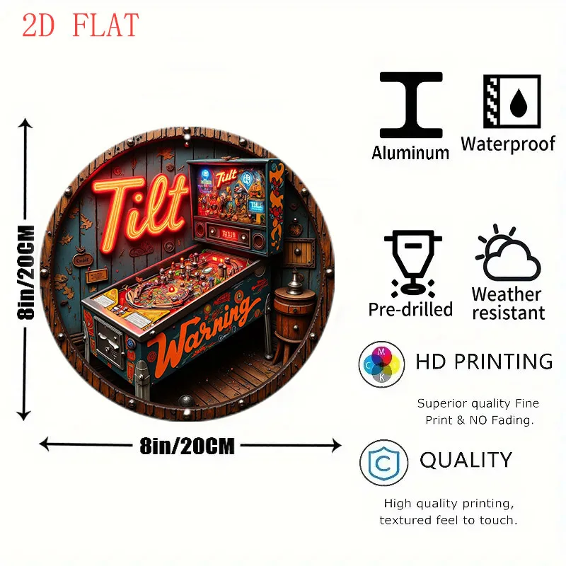 2D Flat Vintage Tilt Warning Pinball Machine Round Metal Sign Retro Arcade Game Rustic Tin Plate Wall Decor for Game Room Man Ca