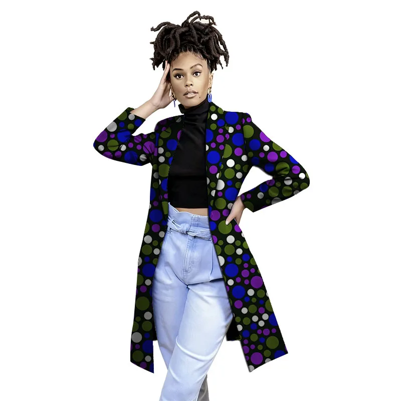 Elegant Women's Trench Coat Ankara Print Long Blazers African Couture Women Dashiki Single Button Casual Outerwear