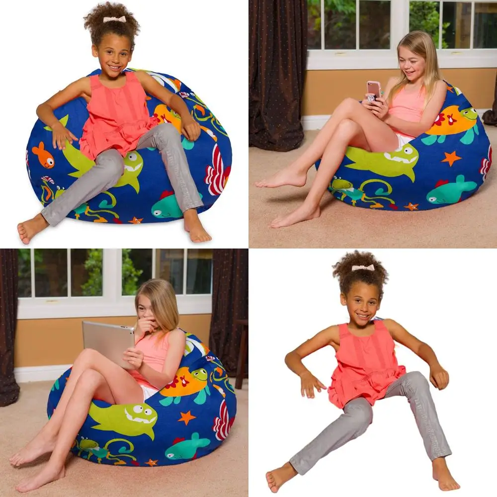 

Large 38in Canvas Bean Bag Chair with Removable, Washable Sea Creatures Cover for Kids, Teens, and Adults