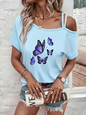 Printed Y2K Style Spring and Summer Hot-Selling Women's Fashionable Casual One-Shoulder Strap Short-Sleeve Top