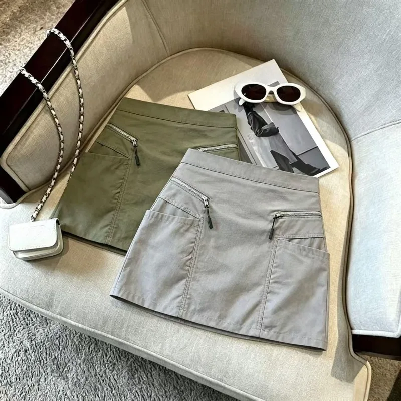 Y2k Cargo Skirts Women Solid A-line American Retro Fashion Versatile Mini Skirt High Waist Spring Summer Zipper Faldas Mujer