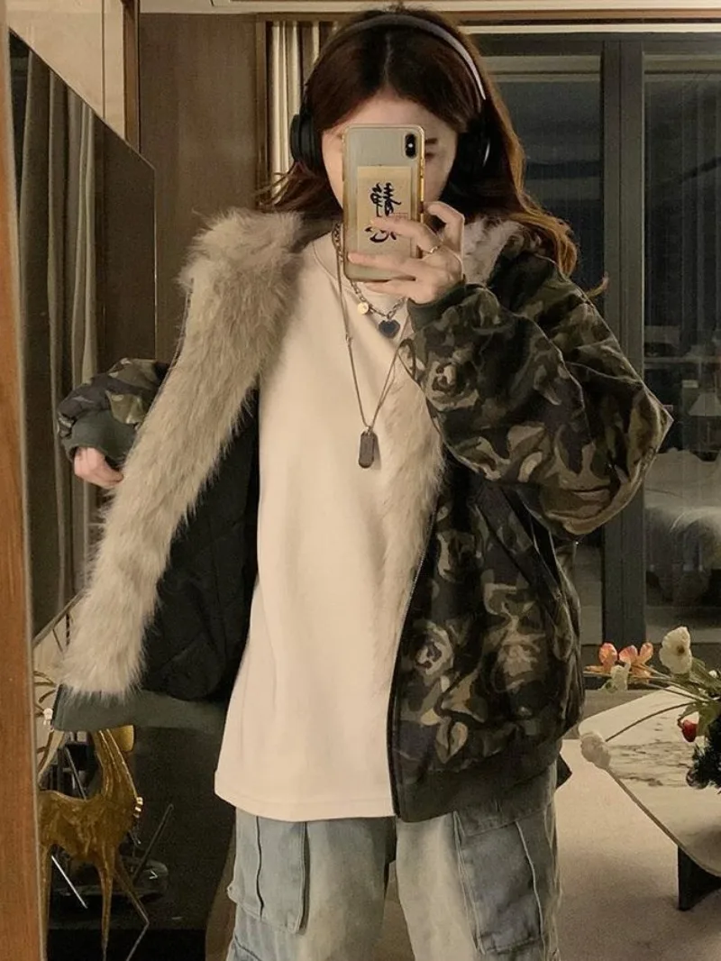 Unisex Quilted Coats Thickened Camouflage Hooded Zipper Jacket Faux Fur Trim Y2K Coats Mens Womens Camo Black Grey Jacket 2025 view 3