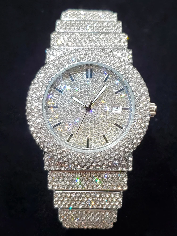 Luxury Watches For Men Full Diamond Iced Hip Hop Stylish Quartz Watch For Male Waterproof Calendar Men's Wristwatches Gift New