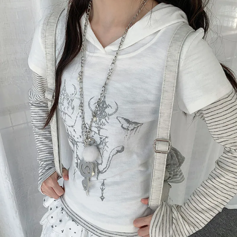 Y Demo Harajuku Y2k Two-Piece Striped Patchwork T-shirt Millennium Style Long Sleeve Tee For Women Autumn