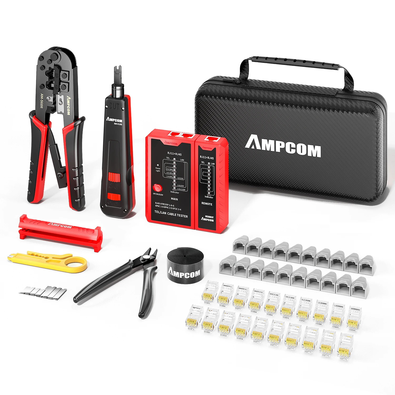 AMPCOM – Kit d'outils de sertissage Ethernet pour connecteur RJ45 CAT6/CAT5e avec dénudeur de fil/outil de poinçonnage/testeur de câble TEL/LAN